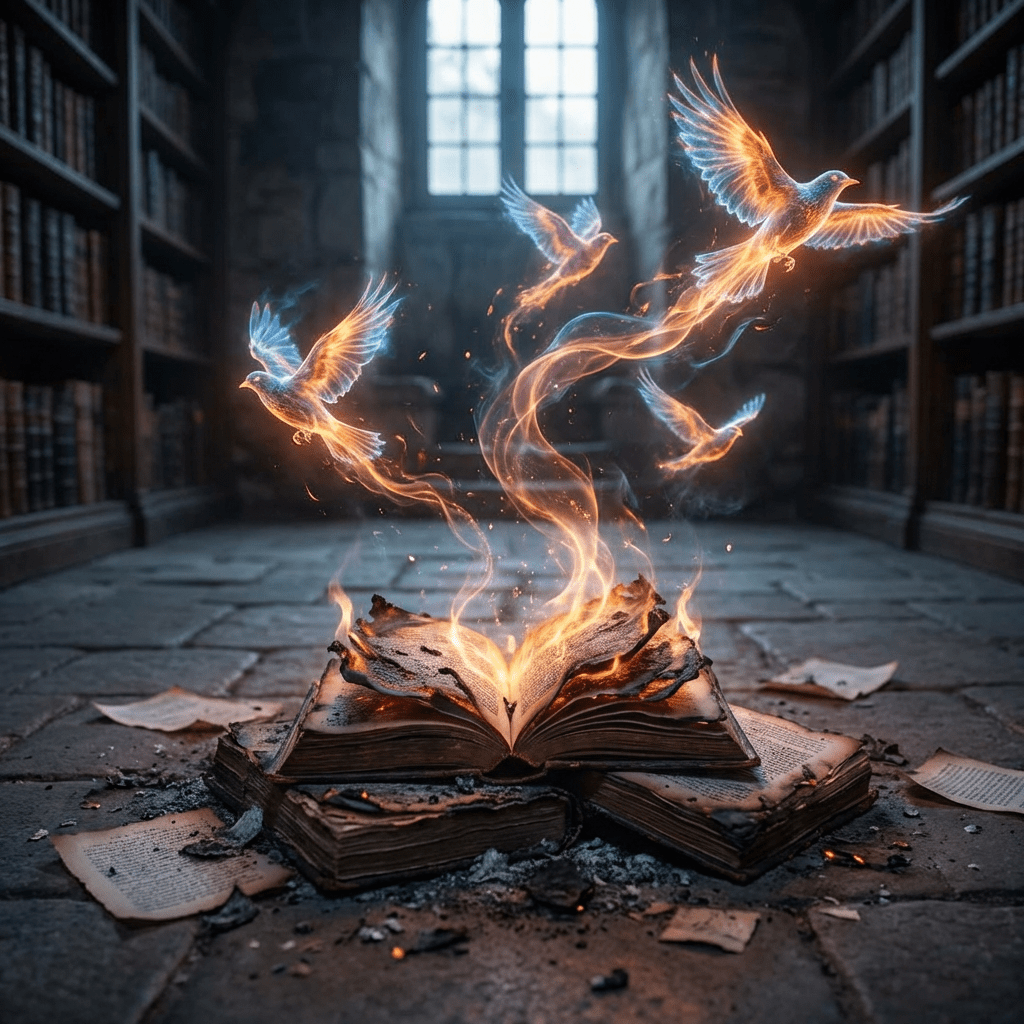 Fiery ethereal birds fly out of an ancient burning book on a library floor.
