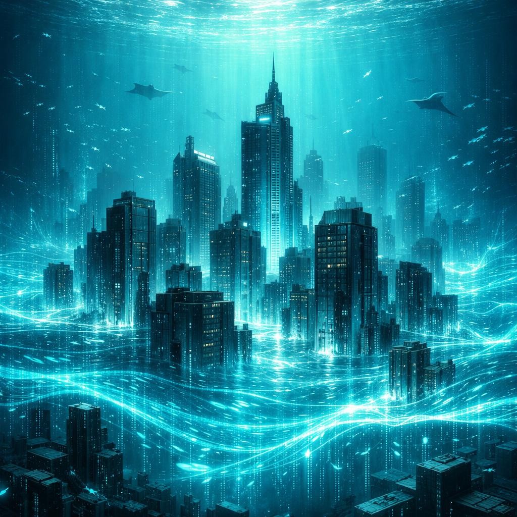 Glowing futuristic city underwater with skyscrapers and marine life