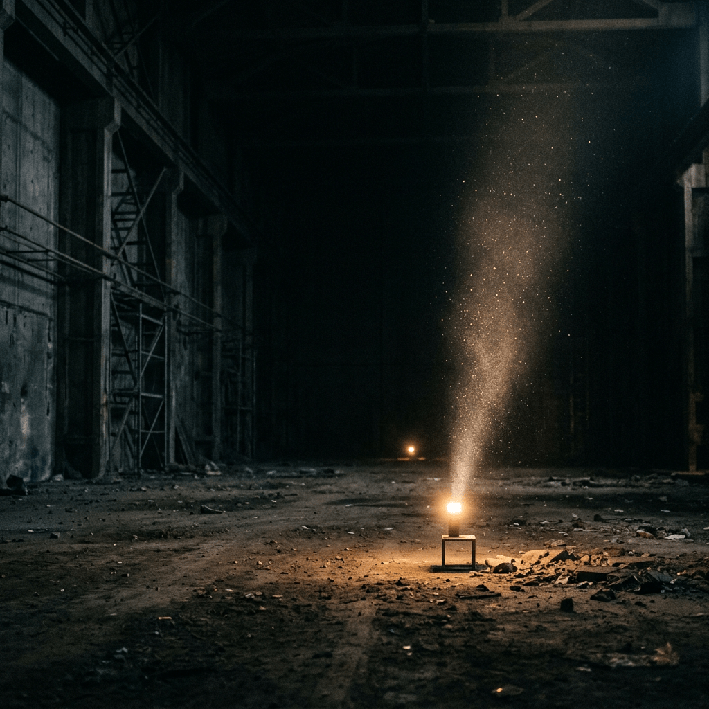 Light illuminating dust in dark abandoned warehouse