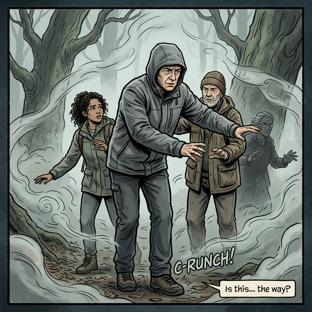 A group of four people cautiously walking through a misty forest with fog swirling around and uneven ground.