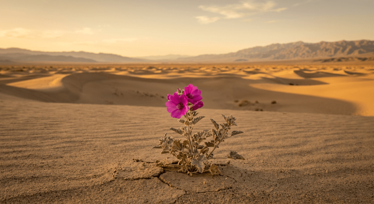 Purple flower growing in sandy desert with dunes and mountains in the background