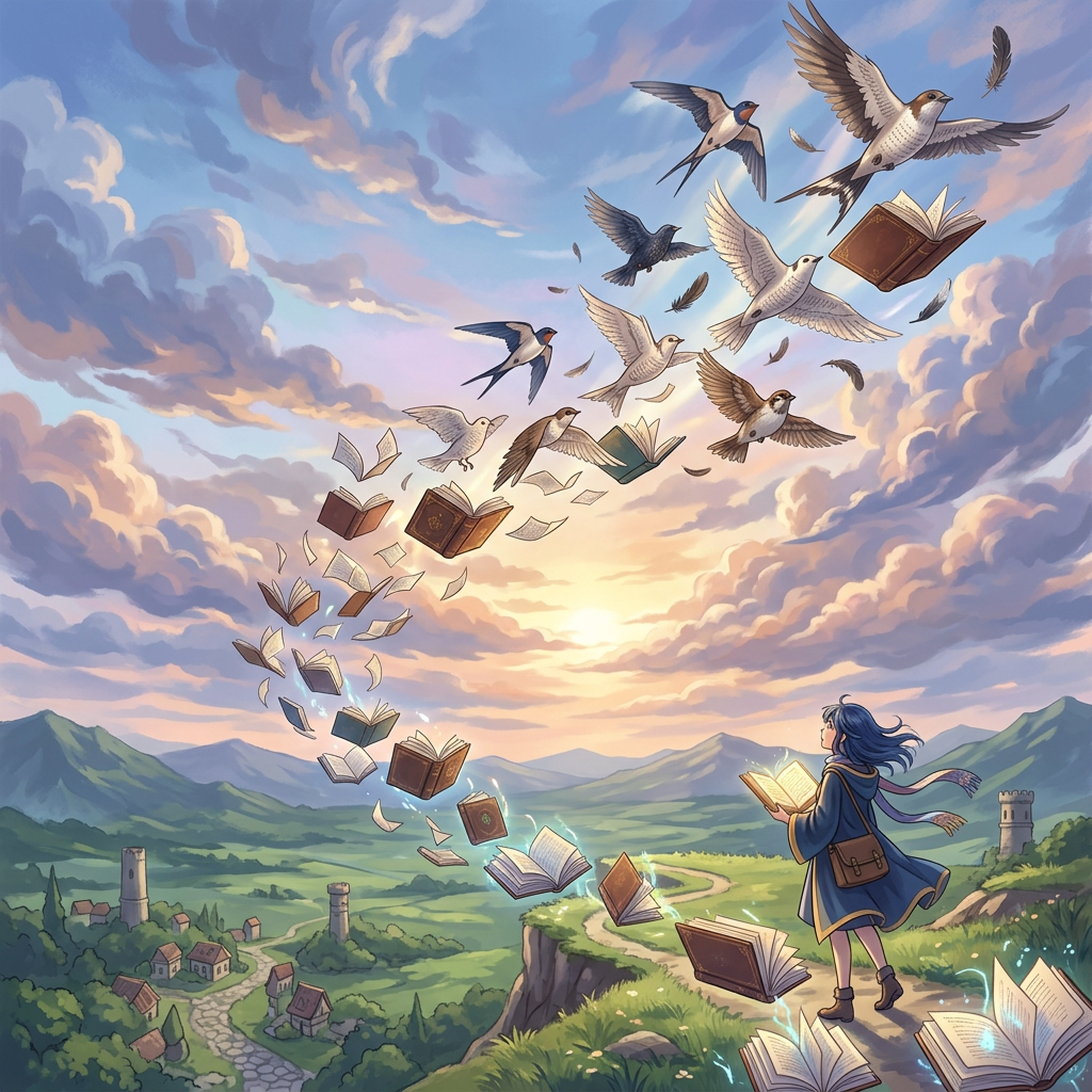 Books transforming into birds flying upward with a person holding an open book