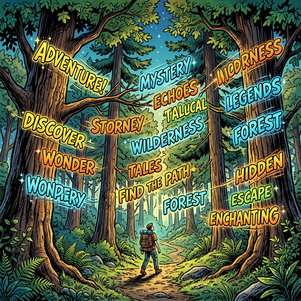 Hiker walking on forest trail surrounded by themed words like adventure, mystery, wilderness, and legends