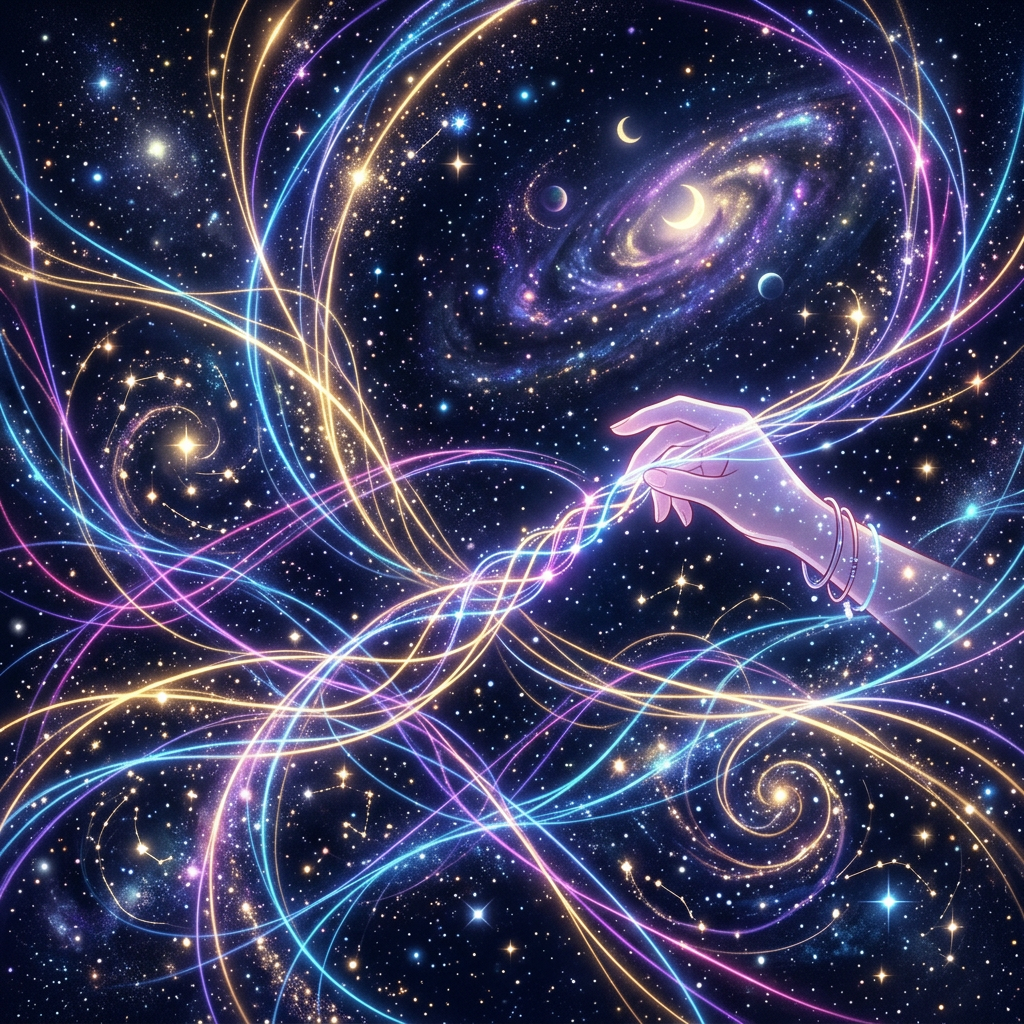 Hand intertwining glowing colorful threads in a star-filled cosmic space