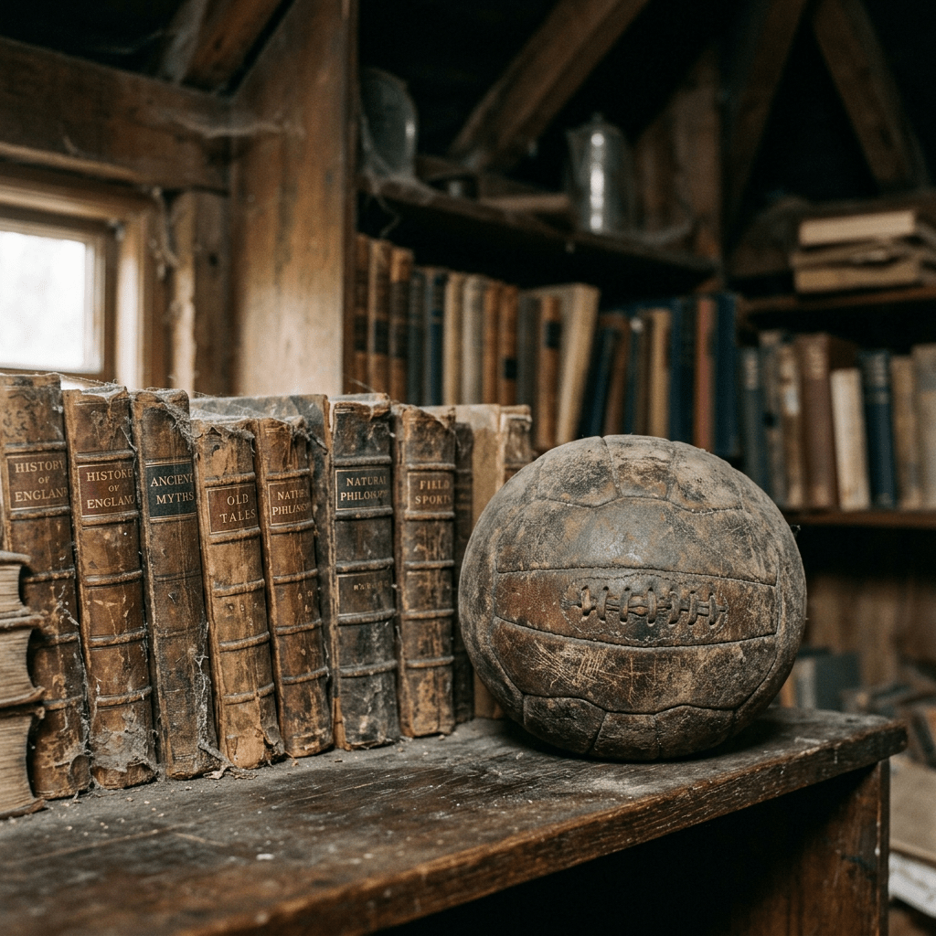 Row of aged leather-bound books beside a worn vintage leather ball on wooden shelf
