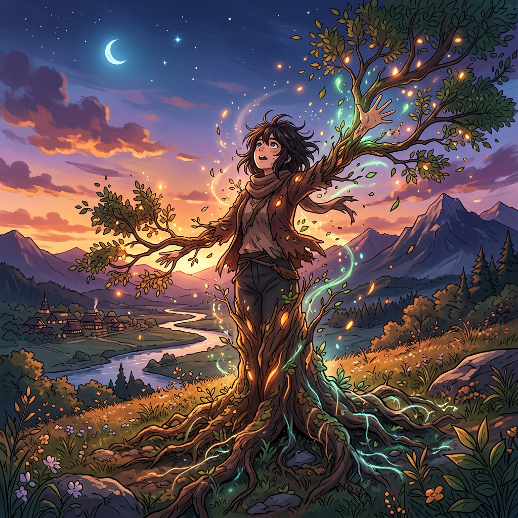 Young person transforming into a tree with glowing branches at sunset in a valley with mountains and a river
