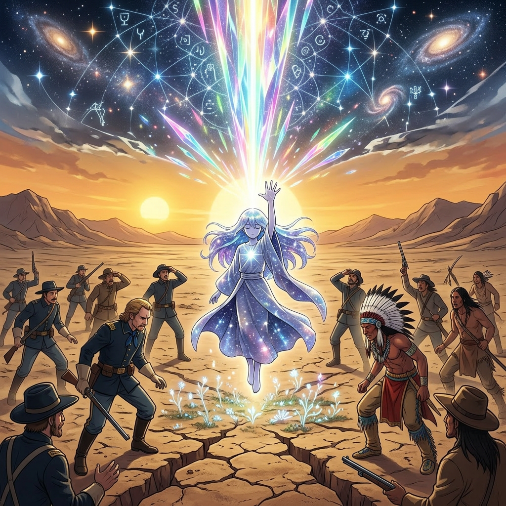 A glowing cosmic figure floating above cracked desert ground between Native American warriors and soldiers under a starry sky with cosmic symbols