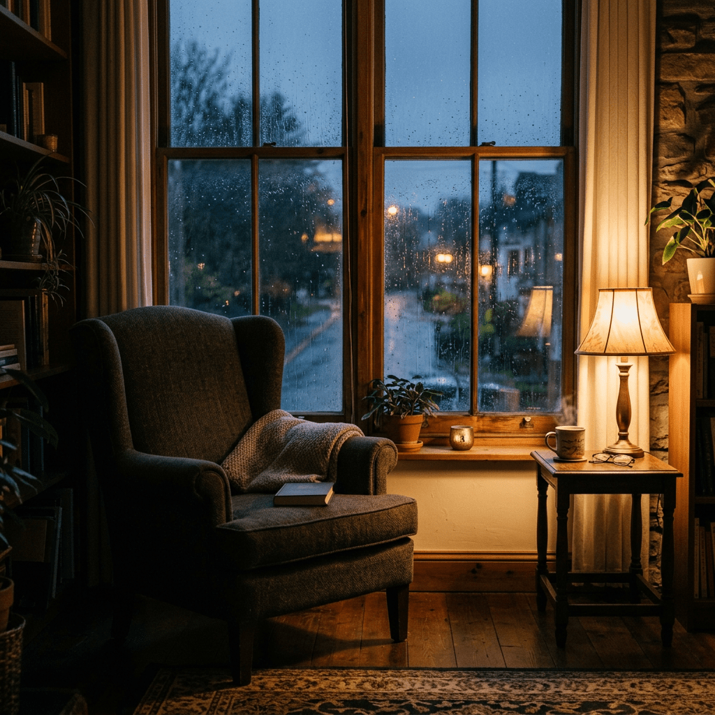 Armchair with blanket and book near window with rain drops and table with lamp and mug