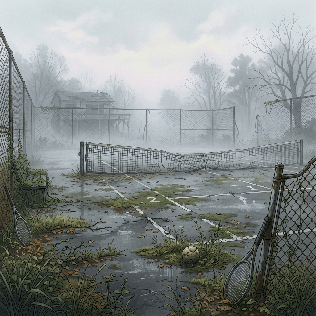 Neglected tennis court with broken net, overgrown plants, and foggy background