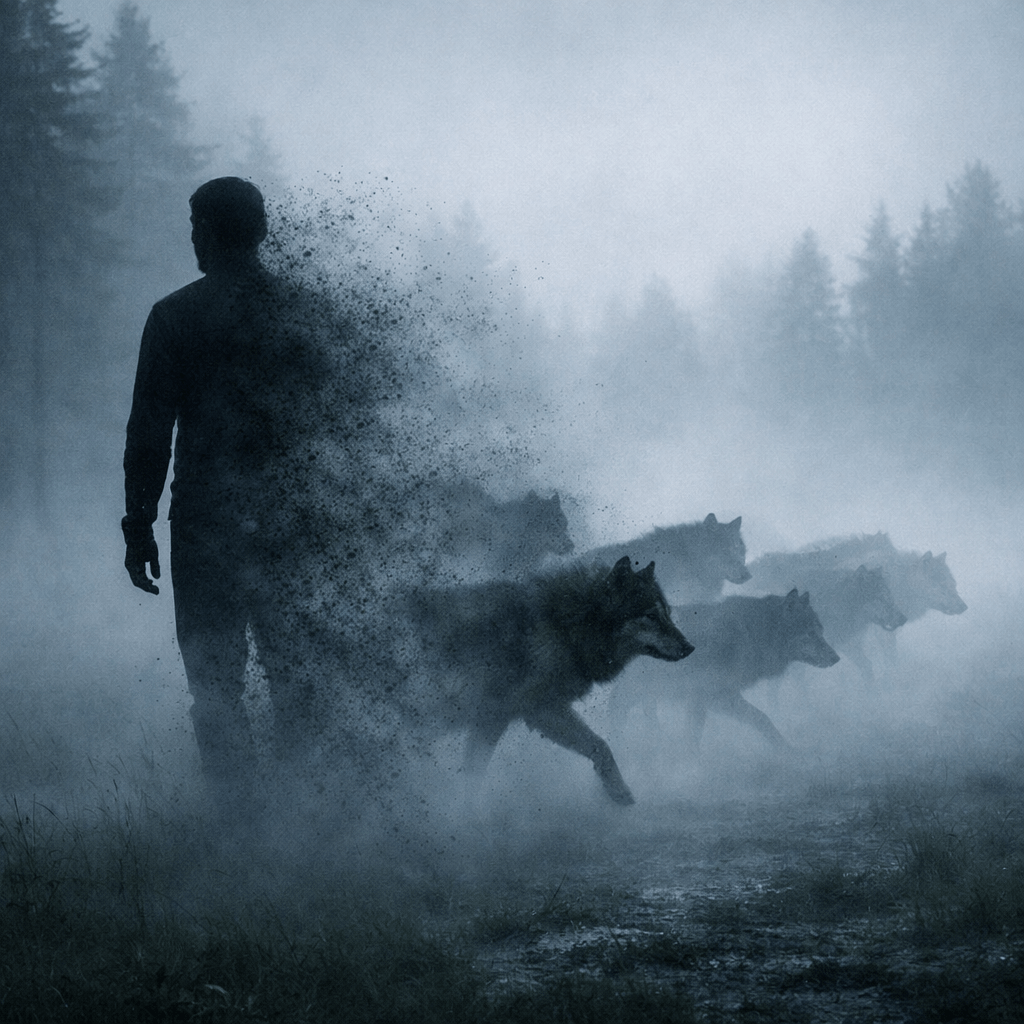 Silhouette of a man blending into wolves emerging from mist