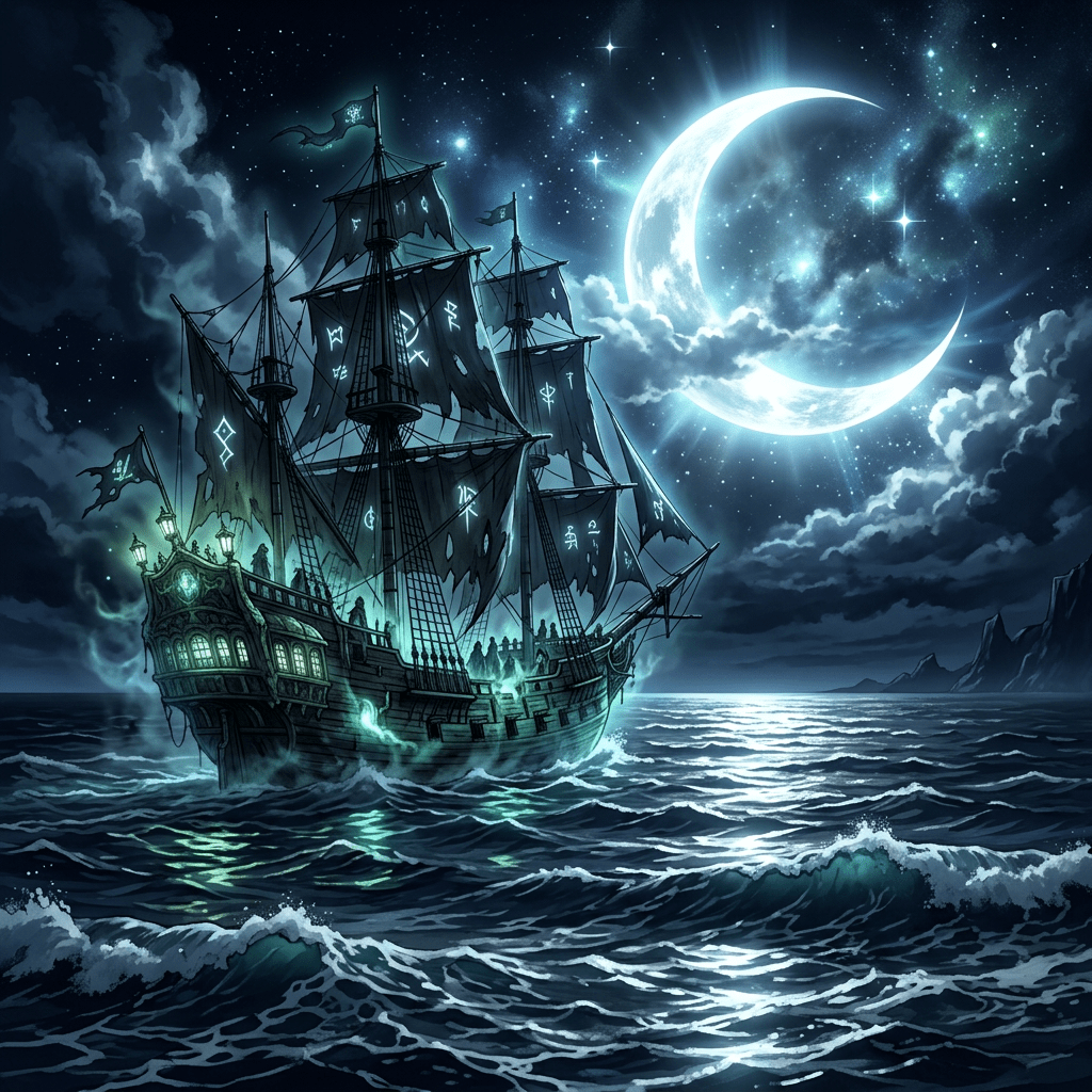 Spectral sailing ship sailing beneath a glowing crescent moon