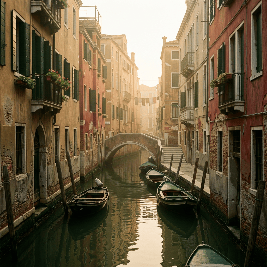 Venetian canal lined with colorful historic buildings and small boats