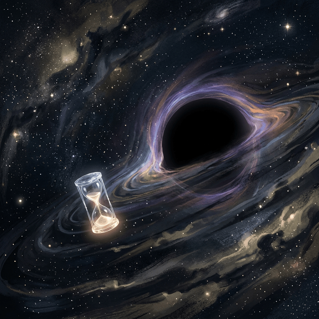 Glowing hourglass floating beside a swirling black hole among stars