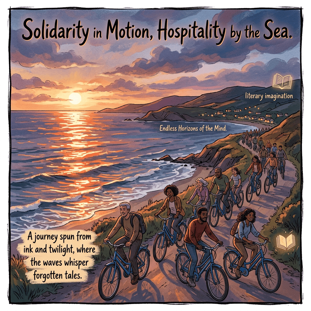 Cyclists riding along a seaside trail at sunset with solidarity and literary imagination text