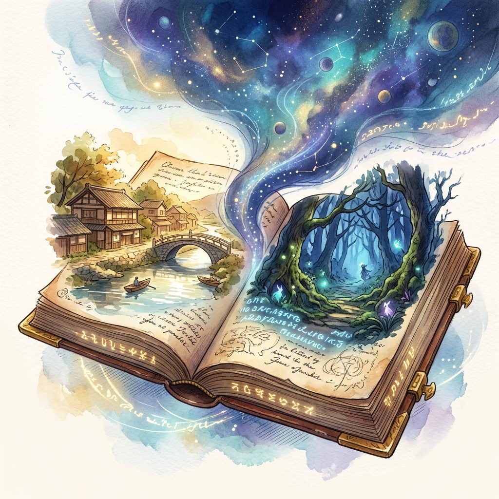 Open storybook depicting a riverside village, cosmic sky, and magical forest