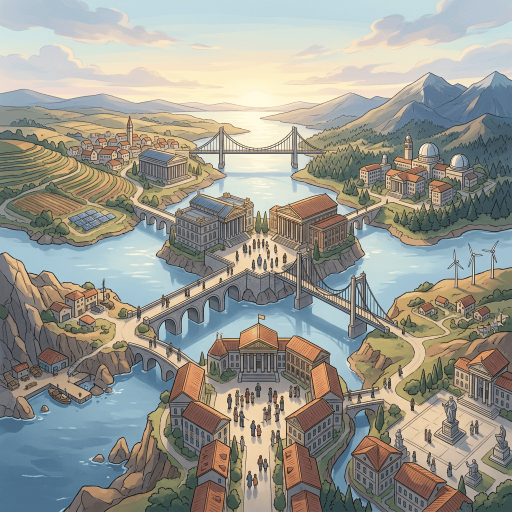Illustrated river city with bridges, classical buildings, farms, mountains, and wind turbines