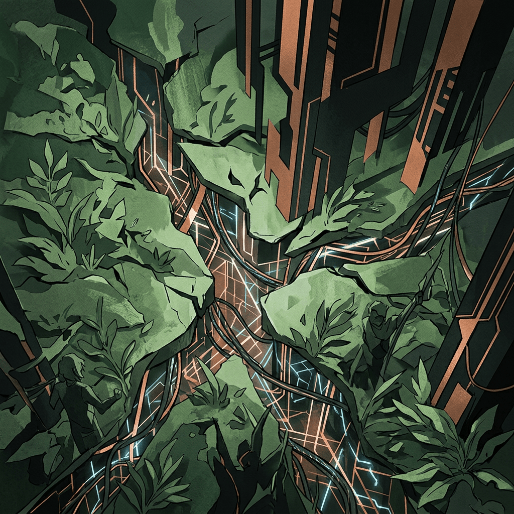Dense green foliage growing around glowing blue and copper circuitry