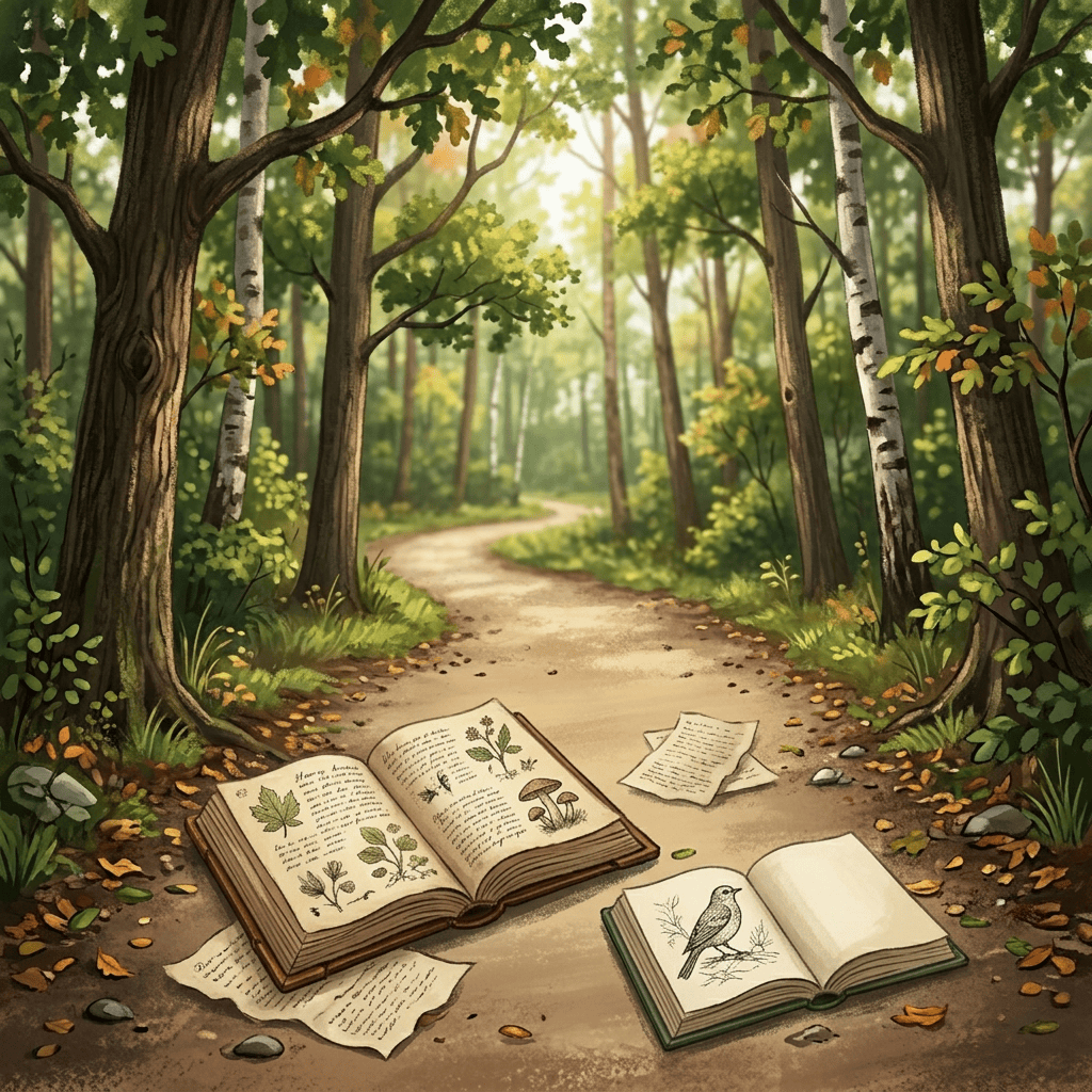 Forest path with text: “VIVI OGNI MOMENTO, AMA LA NATURA”