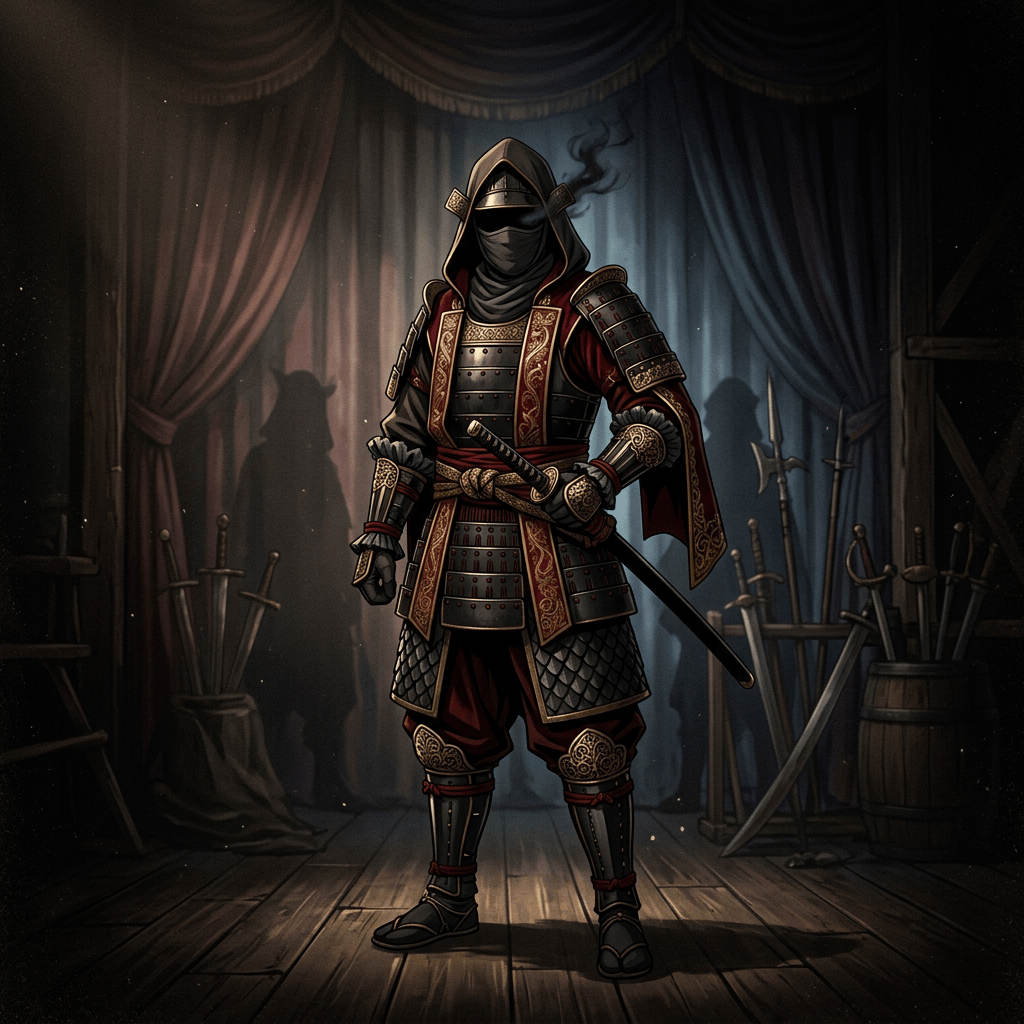 Masked warrior in ornate armor standing among swords on a stage
