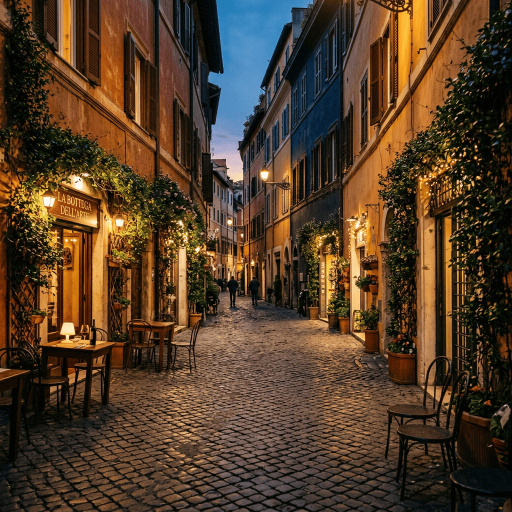 Cobblestone Italian street with cafés, plants, and glowing lanterns at twilight